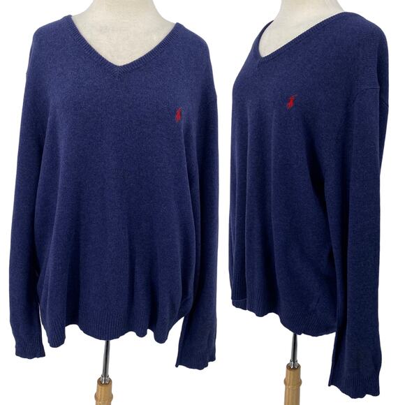 Vintage Polo Ralph Lauren Lambswool Sweater Vneck Pullover Stretch Blue Mens XXL - Picture 1 of 6